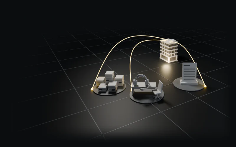 White study models on three grey tiles: piles of account sheets, a desk with a headset and a chair, and a single report sheet, each with an amber arc to a pale office building.