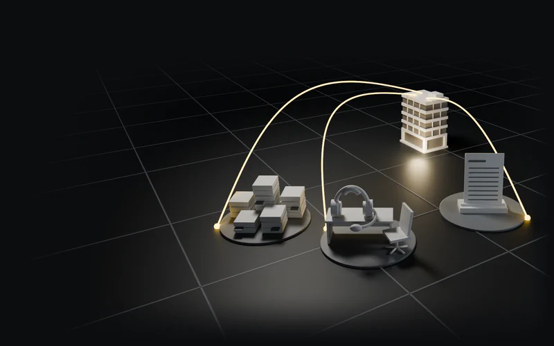 White study models on three grey tiles: piles of account sheets, a desk with a headset and a chair, and a single report sheet, each with an amber arc to a pale office building.