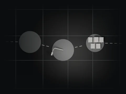 Seen from directly above: an empty grey tile, a tile with a leaning streetlight and a tile with piles of account sheets, joined by a dashed lane line.