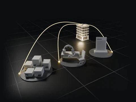 White study models on three grey tiles: piles of account sheets, a desk with a headset and a chair, and a single report sheet, each with an amber arc to a pale office building.