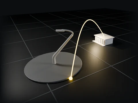 A white study model of a leaning streetlight on a grey tile, with one amber arc rising from it to a white civic building.