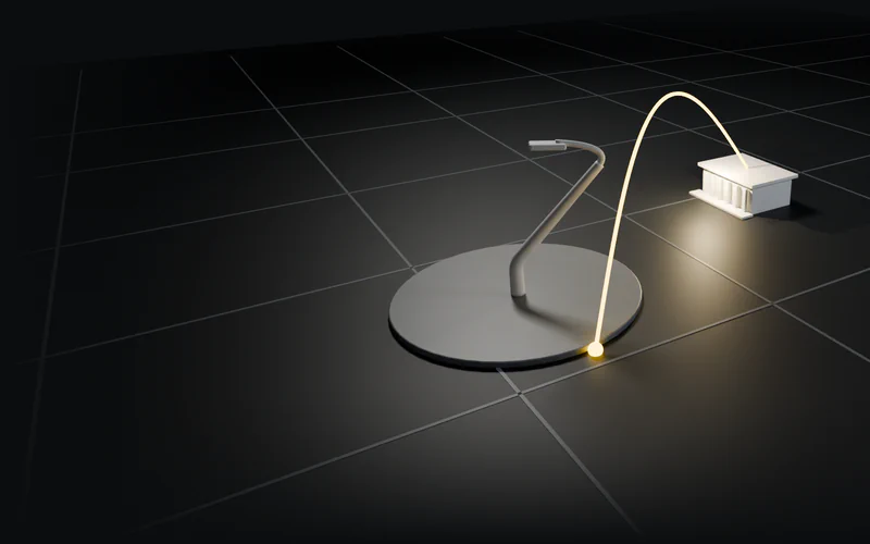 A white study model of a leaning streetlight on a grey tile, with one amber arc rising from it to a white civic building.